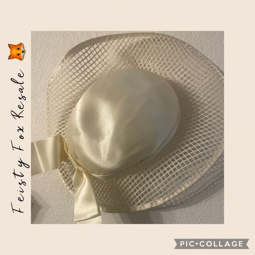 Vintage 1950s Ivory Satin Mesh Cocktail Hat Church Tea Party Wide Brim Bow - Picture 3 of 7